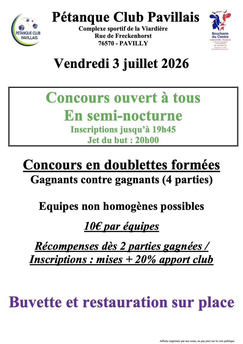 Concours ouvert à tous du Pétanque Club Pavillais le 3 juillet